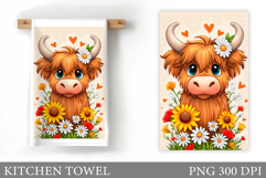 HighlandCow Kitchen Towel. Cow Flowers Kitchen Towel Design Product Image 1
