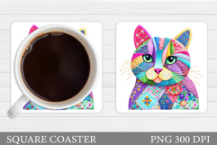Patchwork Cat Coaster Design. Cute Cat Sublimation Product Image 1