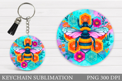 Bee Keychain Sublimation. Flowers Keychain Design Product Image 1