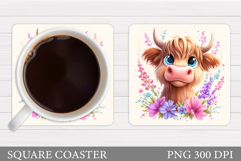 Highland Coaster Sublimation. Cow Flowers Coaster Design Product Image 1