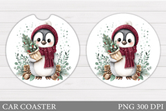 Cute Penguin Car Coaster. Christmas Car Coaster Sublimation Product Image 1