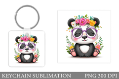 Cute Panda Keychain. Panda Flowers Keychain Sublimation Product Image 1