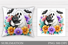 Halloween Ghost Pillow Design. Black Cat Pillow Sublimation Product Image 1