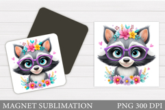 Cute Raccoon Magnet Design. Raccoon Flowers Magnet Product Image 1