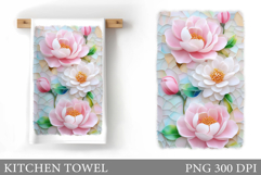 Peony Kitchen Towel Design. Floral Kitchen Towel Sublimation Product Image 1