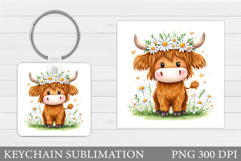 Cow Keychain Design. Cow Flowers Keychain Sublimation Product Image 1