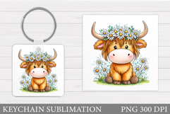 Cow Keychain Design. Cow Flowers Keychain Sublimation Product Image 1