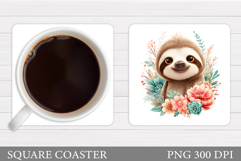 Cute Sloth Coaster. Sloth Flowers Coaster Sublimation Product Image 1