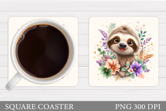 Cute Sloth Coaster. Sloth Flowers Coaster Sublimation Product Image 1