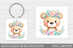 Cute Bear Keychain Sublimation. Bear Flowers Keychain Design Product Image 1