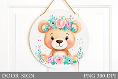 Cute Bear Door Sign Design. Bear Flowers Door Sign Design Product Image 1