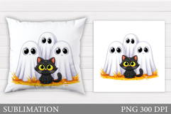 Halloween Ghost Pillow Design. Black Cat Pillow Sublimation Product Image 1