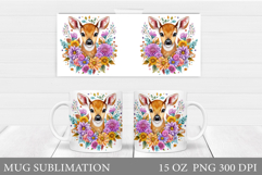 Cute Deer Mug Sublimation. Deer Flowers Mug Design Product Image 1