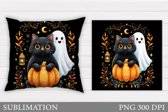 Halloween Ghost Pillow Design. Black Cat Pillow Sublimation Product Image 1