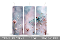 Dragonfly Tumbler Sublimation. Flowers Tumbler Wrap Design Product Image 1