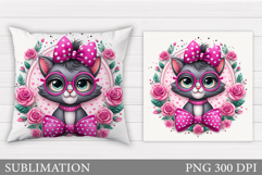 Cute Cat Pillow Design. Cat Flowers Pillow Sublimation Product Image 1