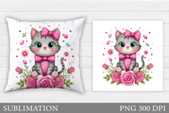 Cute Cat Pillow Design. Cat Flowers Pillow Sublimation Product Image 1