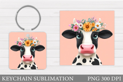 Cow Keychain Sublimation. Cow Flowers Keychain Design Product Image 1