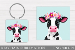 Cow Keychain Sublimation. Cow Flowers Keychain Design Product Image 1