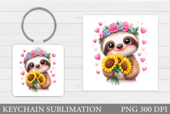 Sloth Keychain Design. Sloth Flowers Keychain Sublimation Product Image 1