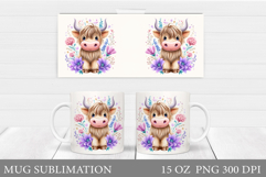 Cute Cow Mug Sublimation. Cow Flowers Mug Wrap Design Product Image 1