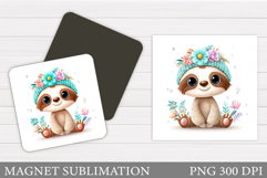 Cute Sloth Magnet Design. Flowers Magnet Sublimation Product Image 1