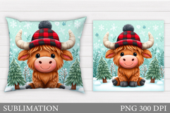 Highland Cow Pillow Design. Christmas Pillow Sublimation Product Image 1