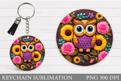 Owl Keychain Sublimation. Owl Flowers Keychain Design Product Image 1