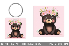 Cute Bear Keychain Sublimation. Bear Flowers Keychain Design Product Image 1