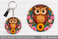 Owl Keychain Sublimation. Owl Flowers Keychain Design Product Image 1