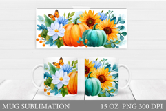 Fall Pumpkin Mug Design. Fall Flowers Mug Sublimation Product Image 1