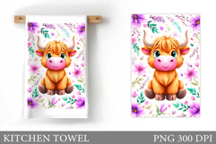Highland Cow Kitchen Towel. Cow Flowers Kitchen Towel Design Product Image 1