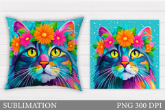Cat Pillow Sublimation. Cat Flowers Pillow Design Product Image 1