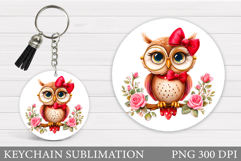 Owl Keychain Sublimation. Owl Flowers Keychain Design Product Image 1