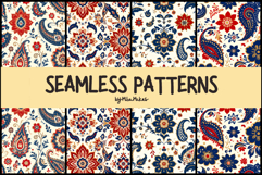 Red and Blue Paisley Floral Seamless Pattern Product Image 1
