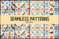 Folk Art Birds and Floral Seamless Pattern Product Image 1