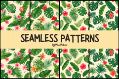 Tropical Hibiscus and Palm Leaves Seamless Pattern Product Image 1