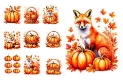 Fox with orange pumpkin and autumn leaves. PNG Product Image 1
