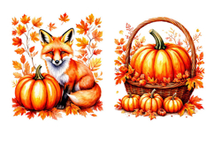 Fox with orange pumpkin and autumn leaves. PNG Product Image 4