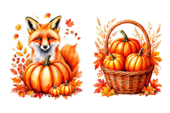 Fox with orange pumpkin and autumn leaves. PNG Product Image 5