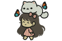 Cute Girl with Cat on Head Embroidery Designs Product Image 1