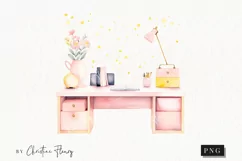Watercolor Girl Boss Desk Clipart | Watercolor Work PNG Product Image 1
