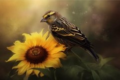 Majestic finch perched on a vibrant sunflower against a drea Product Image 1