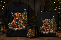 Cute Christmas Highland Cow PNG with Lights &amp; Christmas Tree Product Image 1