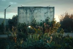 Old large blank billboard covered by plants at sunset Product Image 1