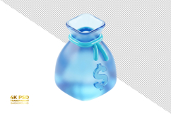3D Glass Blue Money Bag Dollar Sign Isolated Product Image 1