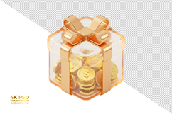 3D Transparent Gift Box with Gold Coins Isolated Product Image 1