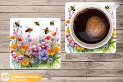 Bees Coaster Sublimation, Flowers Square Coaster Png Product Image 1