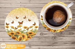 Butterfly Sunflower Coaster Sublimation, Round Coaster Png Product Image 1