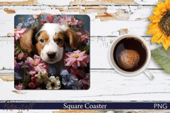 Cute Puppy and Flowers Square Coaster | Pet Lover Design Product Image 1